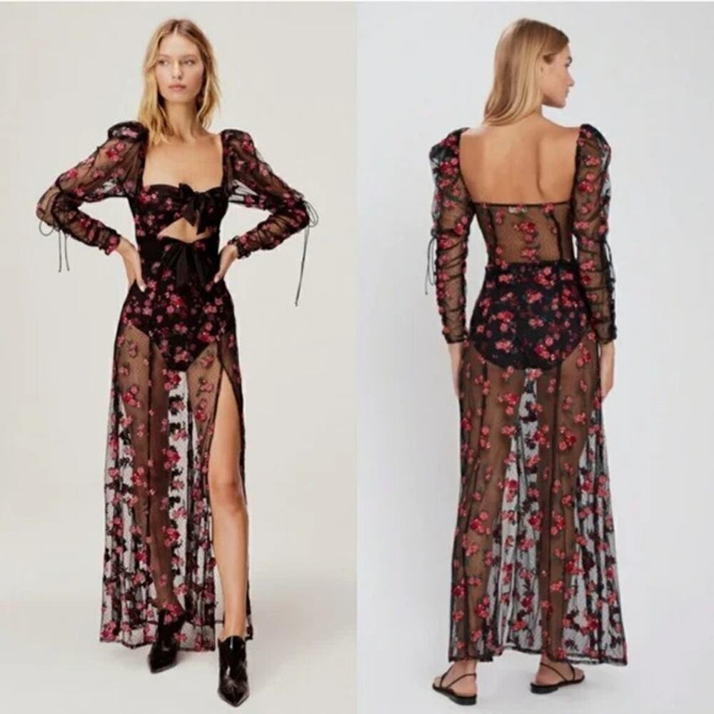 For Love & Lemons Blondie Maxi Dress Roses Mesh Bodysuit Tulle Puff Sleeve Small - Picture 1 of 13